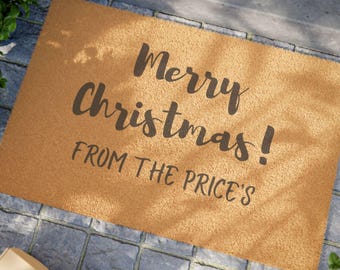 Merry Christmas- Personalized Christmas Coir Door mat - Holiday Doormat, Christmas gift, White Elephant Gift