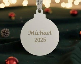 Personalized Round Mirror Ornament • Name & Year Engraved • Gold Silver Rose Gold • Acrylic Christmas Bauble
