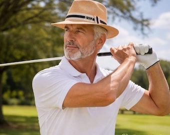 Panamahut aus Stroh mit beigen und schwarzen gestreiften Stretchband & Federn - Personalisieren Sie mit goldenen Initialen | Groß-XL | Unisex Mütze | Golfmütze