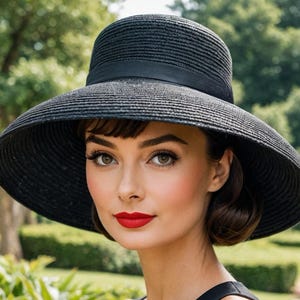 SALE Vintage Mid Century Portrait Wide Brim Black Straw Hat SALE Mid Century Black Straw Portrait Hat Wide Brim Flocked  main image 4