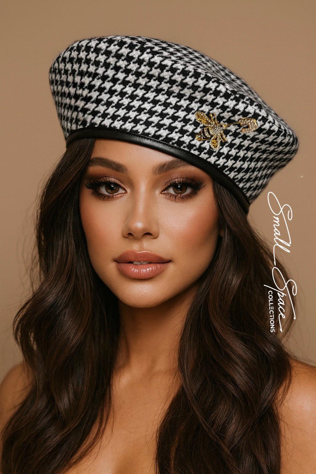 Houndstooth Beret With Faux Leather Trim in Black and White  display picture 3