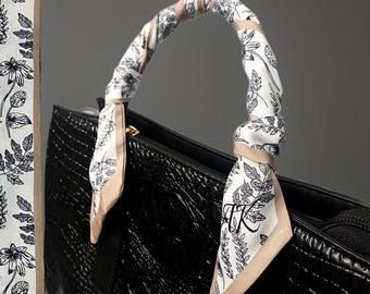Custom Personalized Black White and Beige Skinny Scarf | Neutral Skinny Scarf | Hair Bow, Purse Scarf, Hair Scarf | Silk | Gift For Her