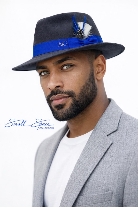 Dark Gray and Cobalt Blue Felt Fedora Hat With Feather  display picture 1