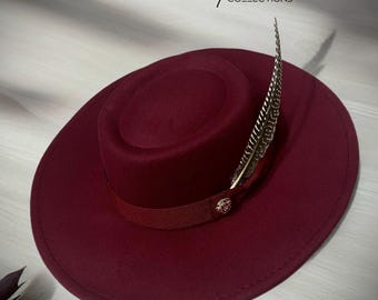 Burgundy Fur Felt Hat: Handmade Leather Flower Wide Brim  display picture 3