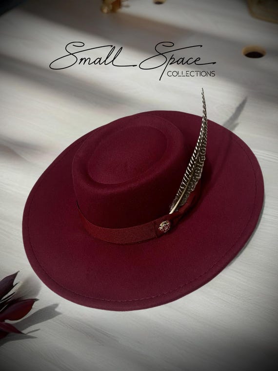 Burgundy Felt Wild Brim Hat With Feather | Black Wide Brim 