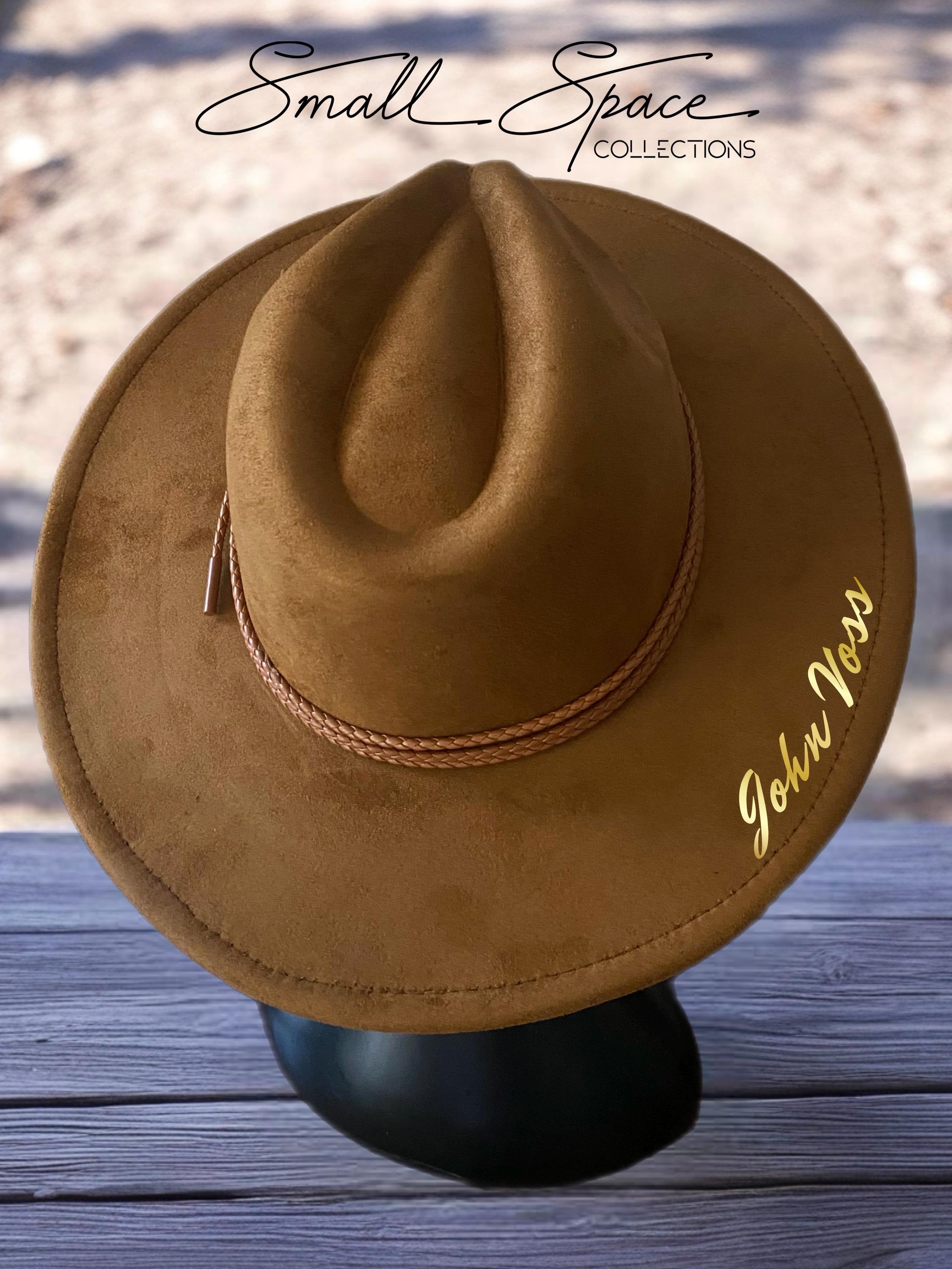 Vegan Suede Wide Brim Fedora Hat in Camel Brown With Leather  display picture 1