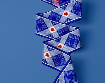 Gepersonaliseerde blauw-witte geruite skinny sjaal met rode harten | Haarstrik |  Portemonnee sjaal | Zijde | Cadeau voor haar | Cadeau-idee bruidsmeisje