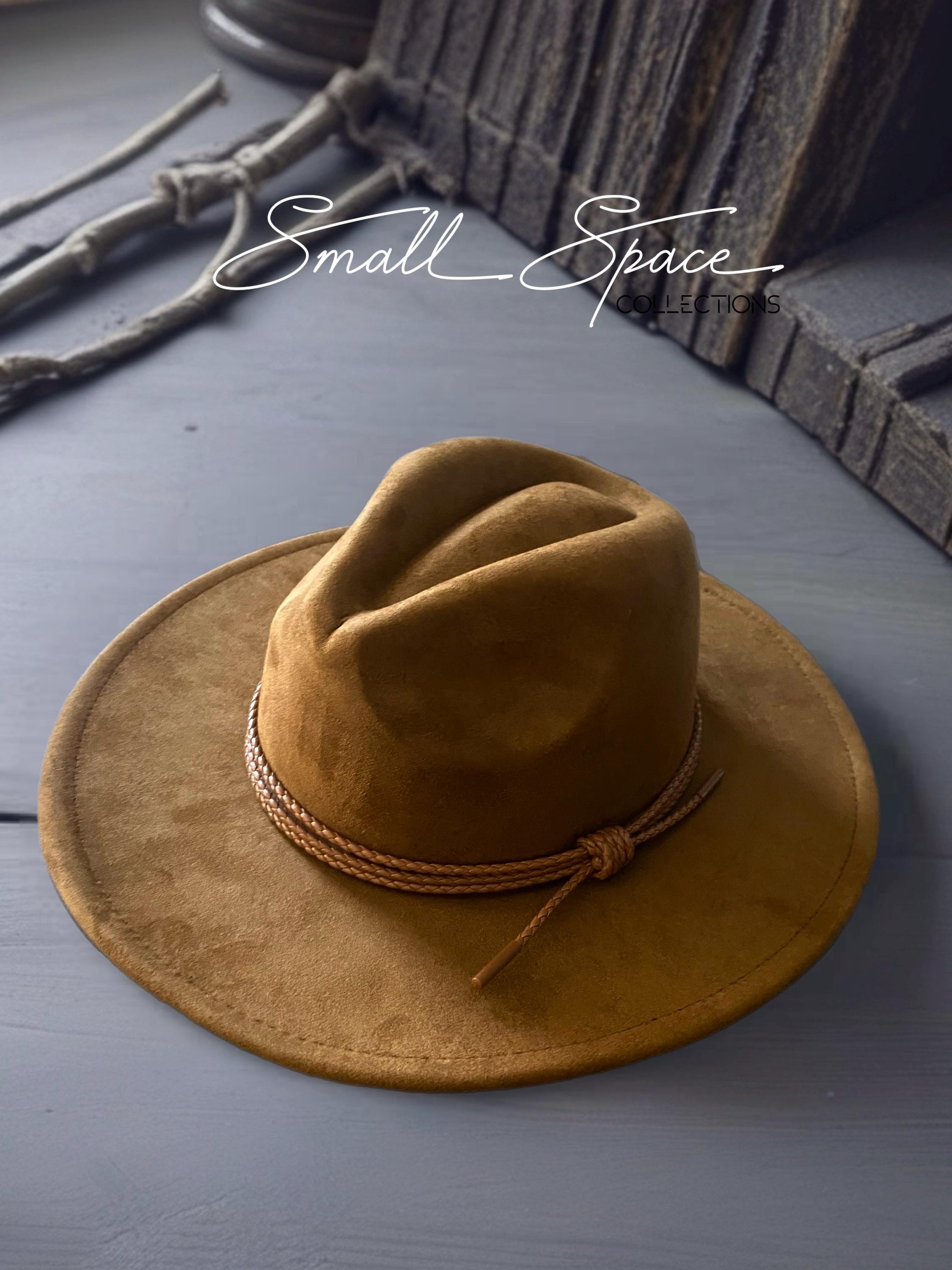 Vegan Suede Wide Brim Fedora Hat in Camel Brown With Leather 