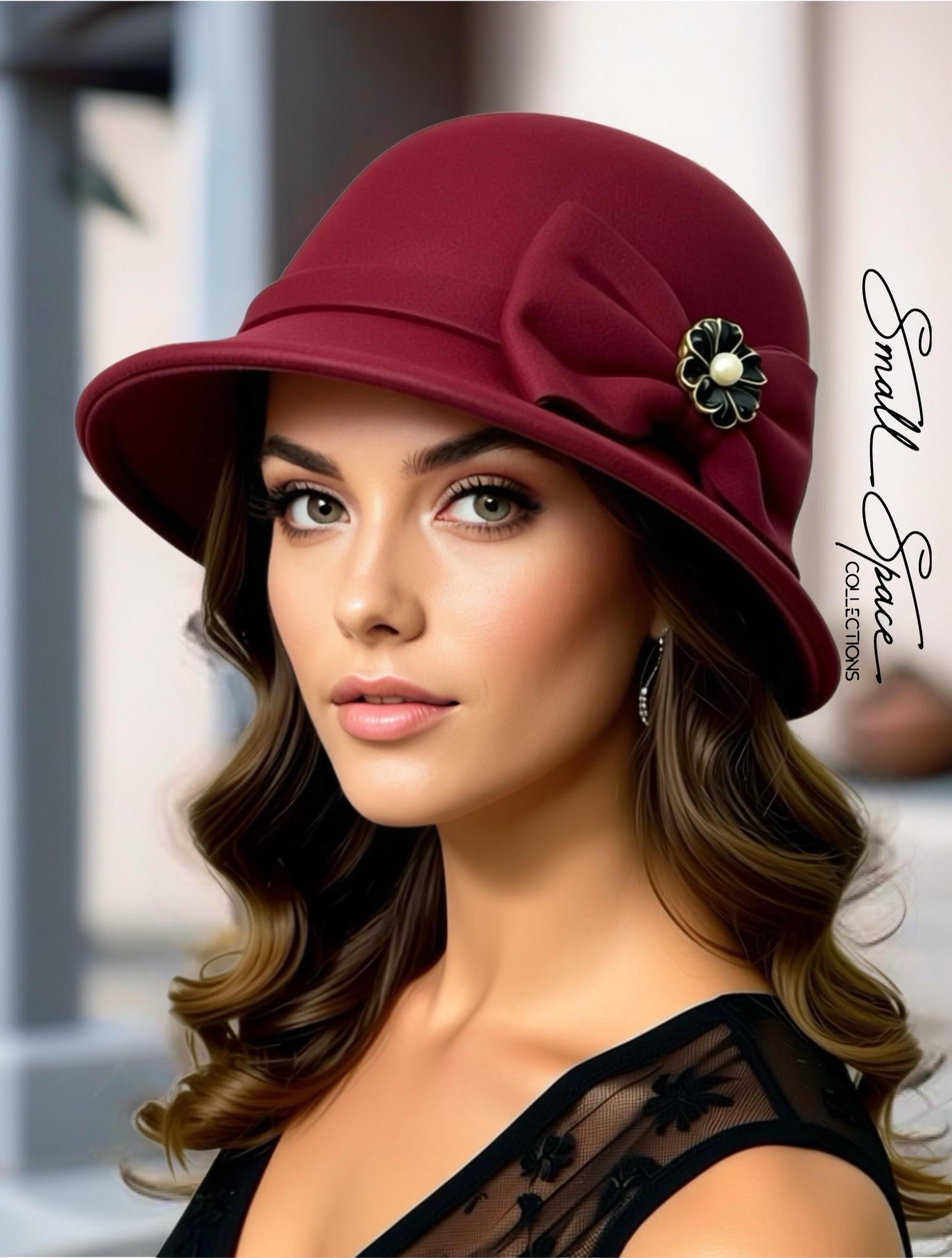 Vintage Inspired Wool Cloche Hat W/ Bow and Our Signature Flower Pendant in Burgundy & Winter White Retro Hat Vintage Lover Derby Hat