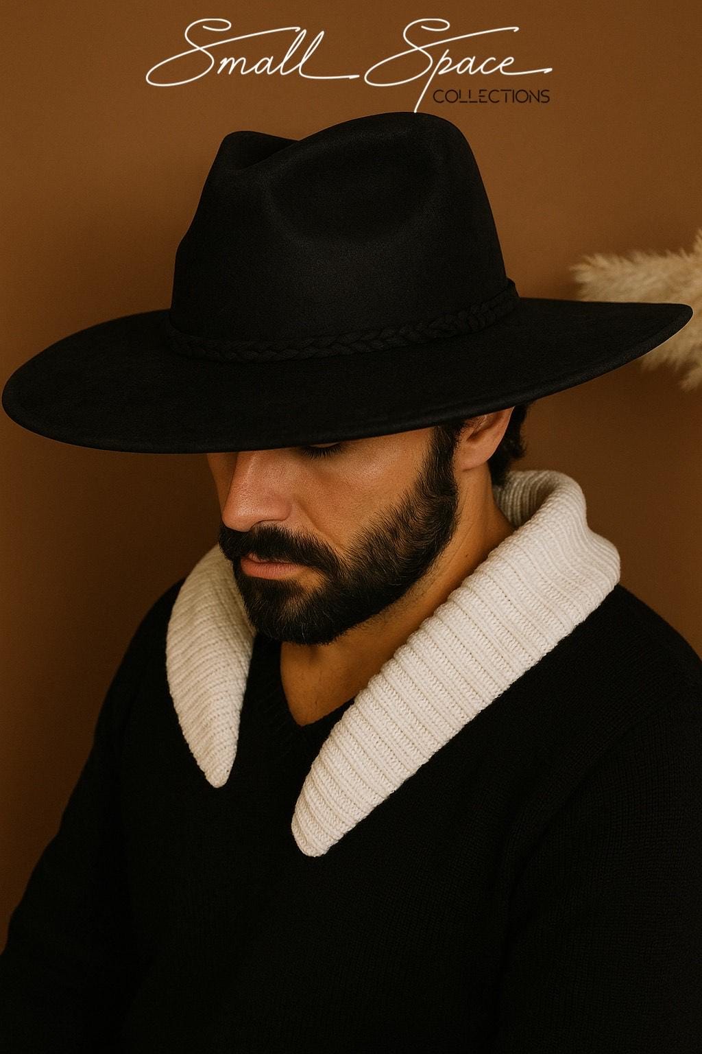 Vegan Suede Wide Brim Fedora Hat With Braided Rope Band in  display picture 1