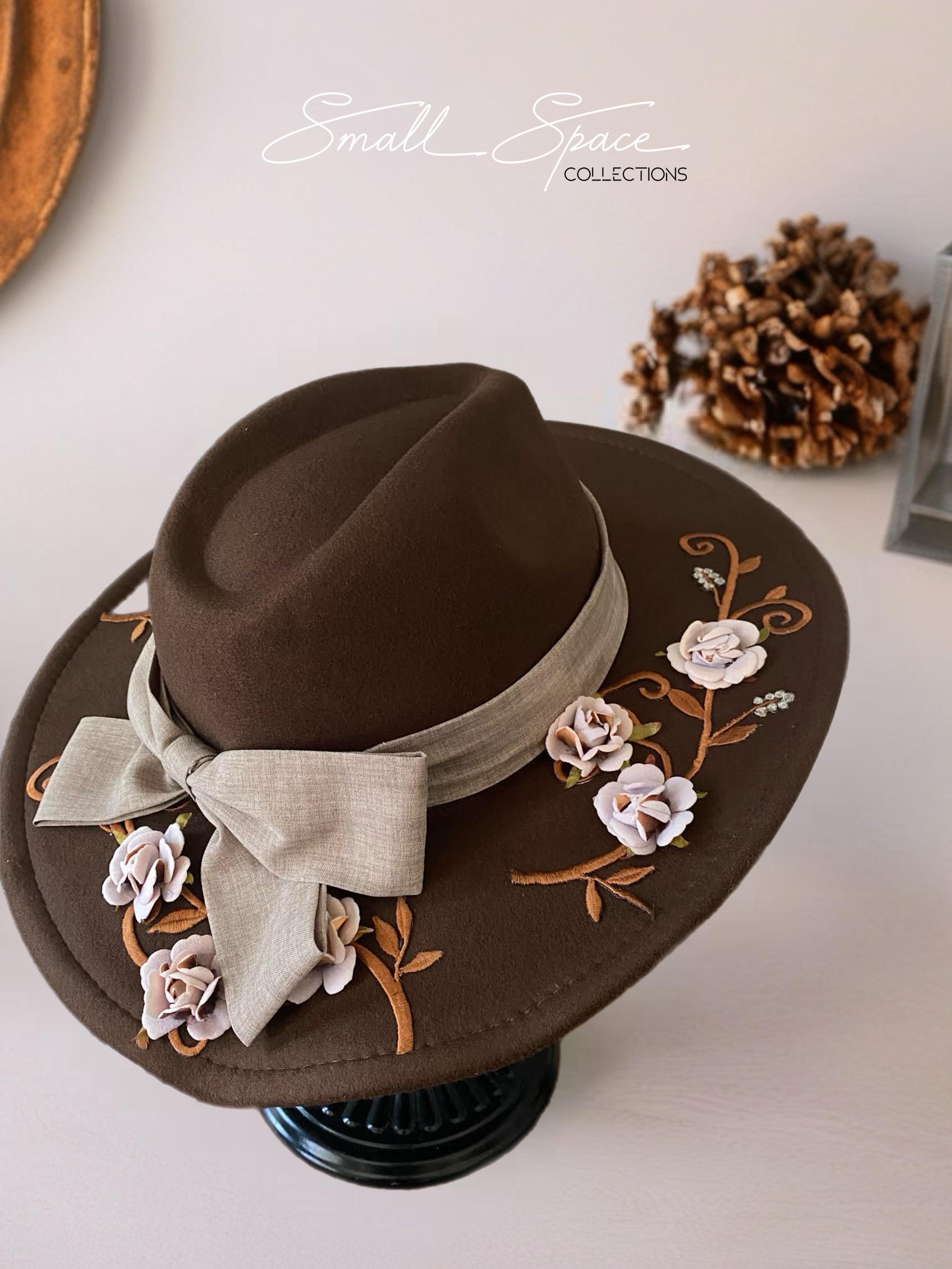 100% Wool Custom Hand Embroidered Wearable Art Fedora One of a Kind!​ Introducing the Lainey Wilson inspired Grey Hand Burned  main image 2