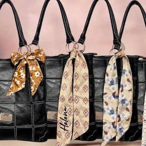 Custom Personalized Beige Skinny Scarf In Multiple Floral Designs in Beige, Brown, Blue | Hair Bow, Purse Scarf, Hair Scarf | Gift For Her