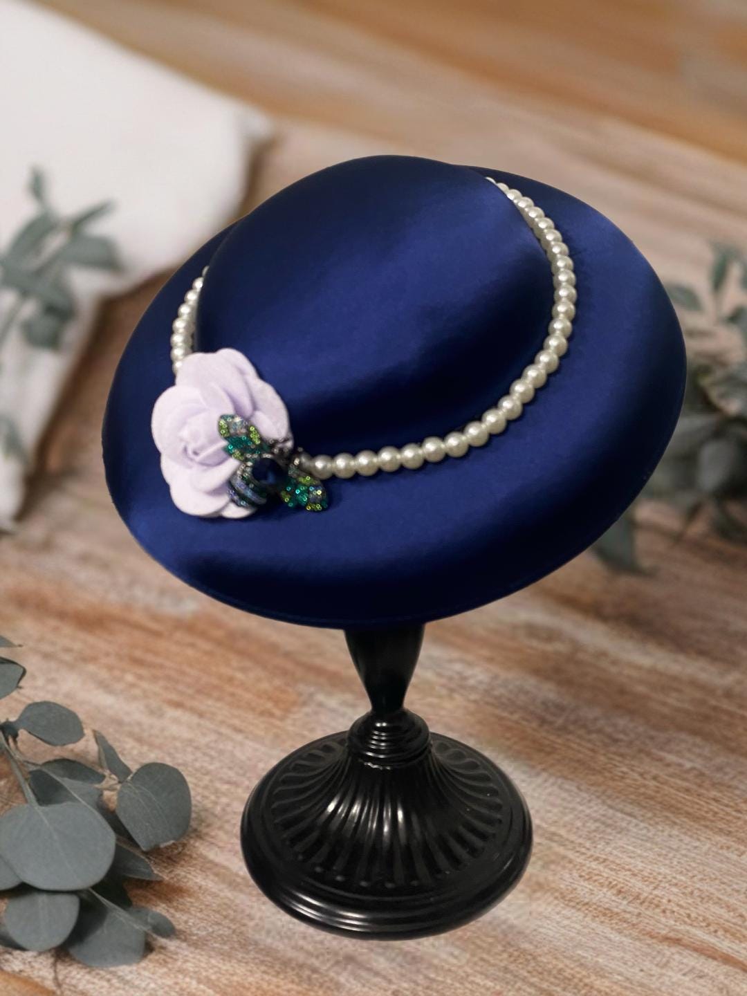 Elegant Navy Blue Hat with Pearl Accents Navy Blue Church Hat - Etsy main image 4