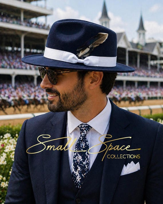 Navy Blue And White Felt Fedora Hat with Feather | Personalized | Custom Grosgrain Band