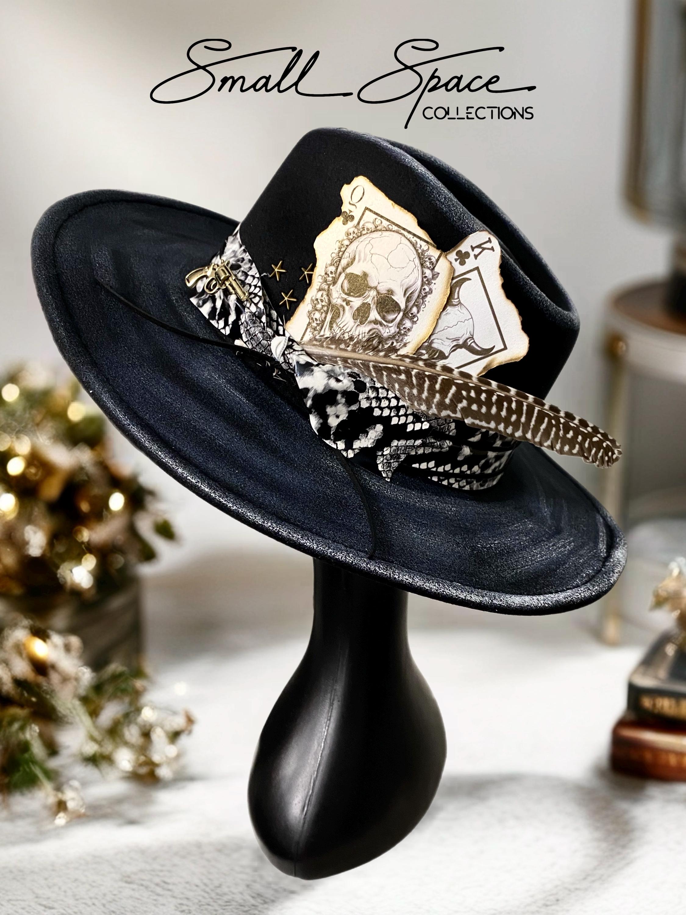 Custom Hand Painted Fedora Hat Black And Blue Painted In Detail Unisex Size M Freddie Negrete Blue Wool Lowrider Brim Fedora Hat Rose  main image 3