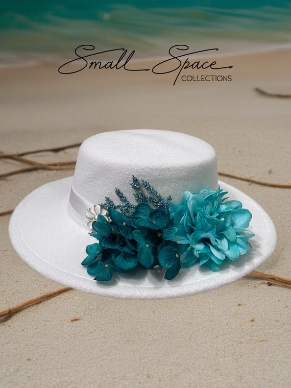 White Wool Felt Hat With Turquoise Silk Flowers -special  display picture 2