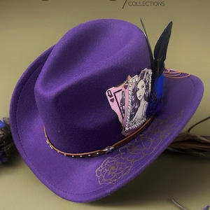 Lavender Burned Hat, Arrow Shaped Hat, Purple Tooled Leather Fedora Lavender Burned Hat, Arrow Shaped Hat, Purple Tooled Leather  main image 4