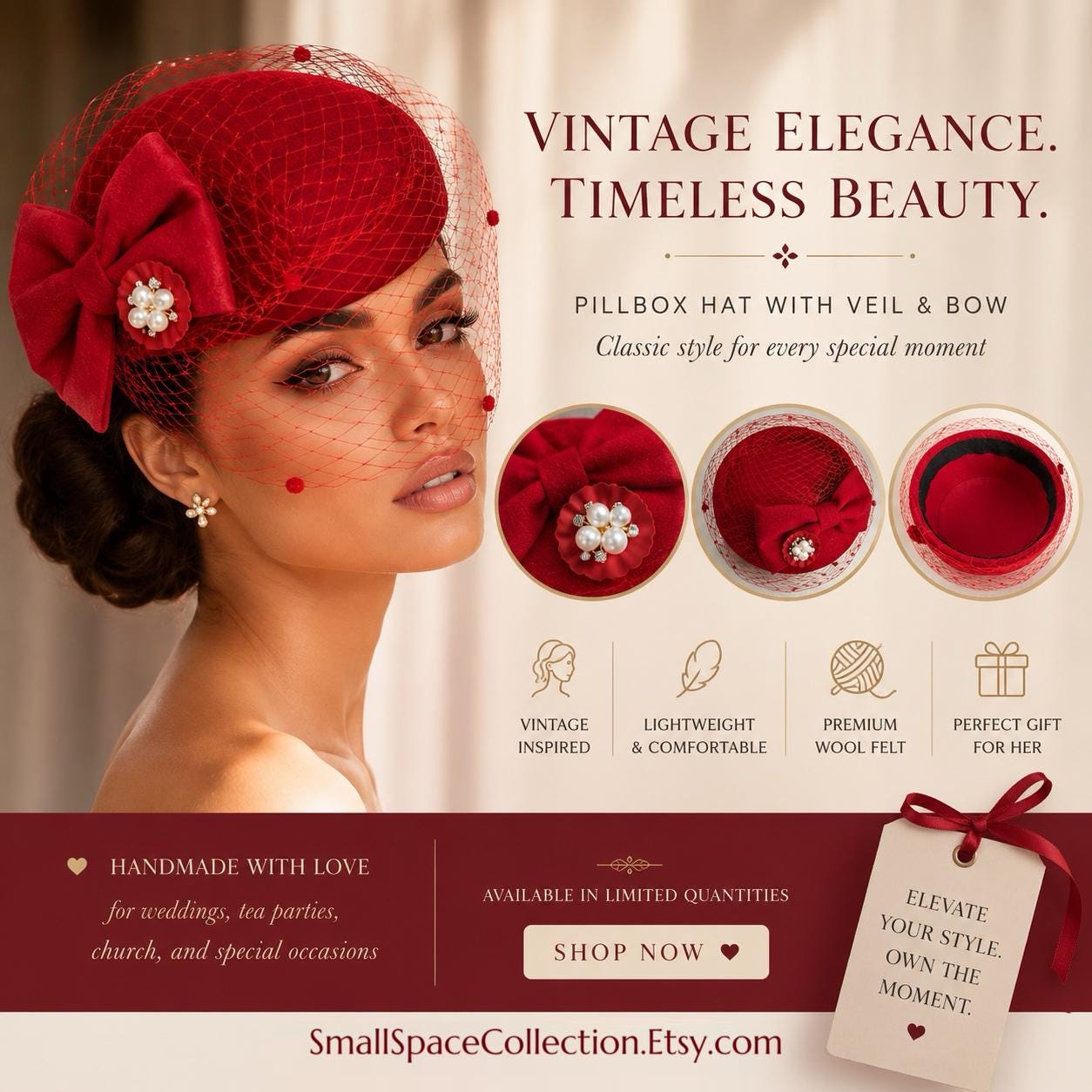 Wool Felt Pillbox Hat with Veil Flower Fascinator Derby Church Wedding A083 Women Pillbox Fascinator Wool Felt Cocktail Winter Hat  main image 3