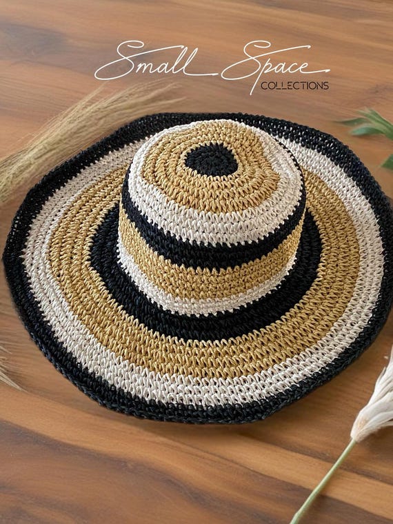 Vintage Handwoven Wheat Straw Hat: Black, Beige & White  display picture 2