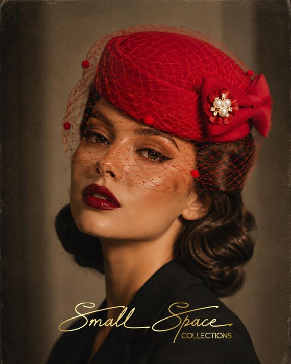 Red Wool Wedding Pillbox Hat With Veil, Bow, Enamel Flower 