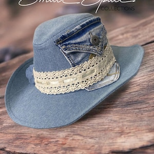 Custom Denim Cowboy Hat with Denim Flowers and Pocket | Great For Tailrides or Everyday Wear | 1 of 1 Designed Hats | Gifts For Women