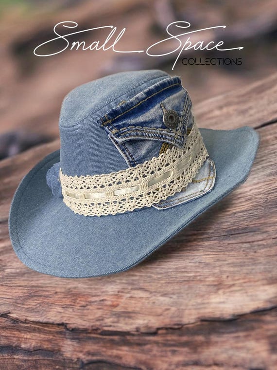 Custom Denim Cowboy Hat With Denim Flowers and Pocket Great for
