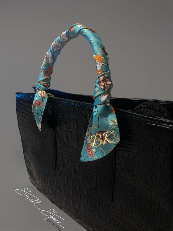 Personalized Teal Floral Silk Skinny Scarf Hair Bow Neck Tie