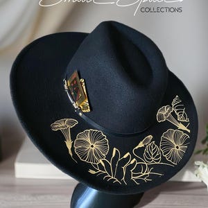 Custom Wide Brim  Wool Fedora Hat for Women | 24K Gold Queen Card & Gold Foil Floral Design | Unique Hats For Women | Statement Piece Hat