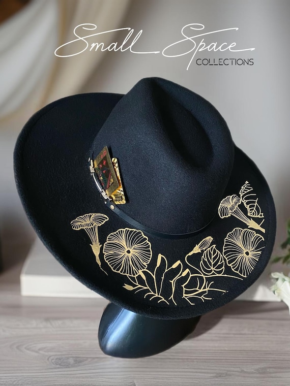 Black Wool Cowgirl/cowboy Hat With Gold Foil Flower Design  display picture 1