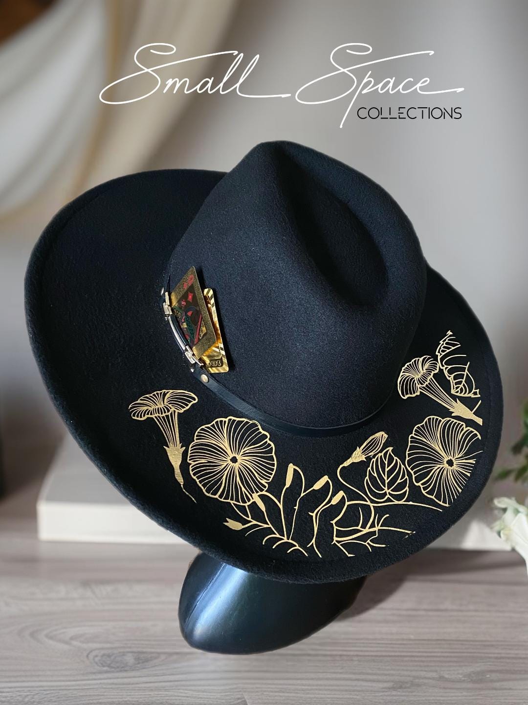 Black Wool Cowgirl/cowboy Hat With Gold Foil Flower Design  display picture 2
