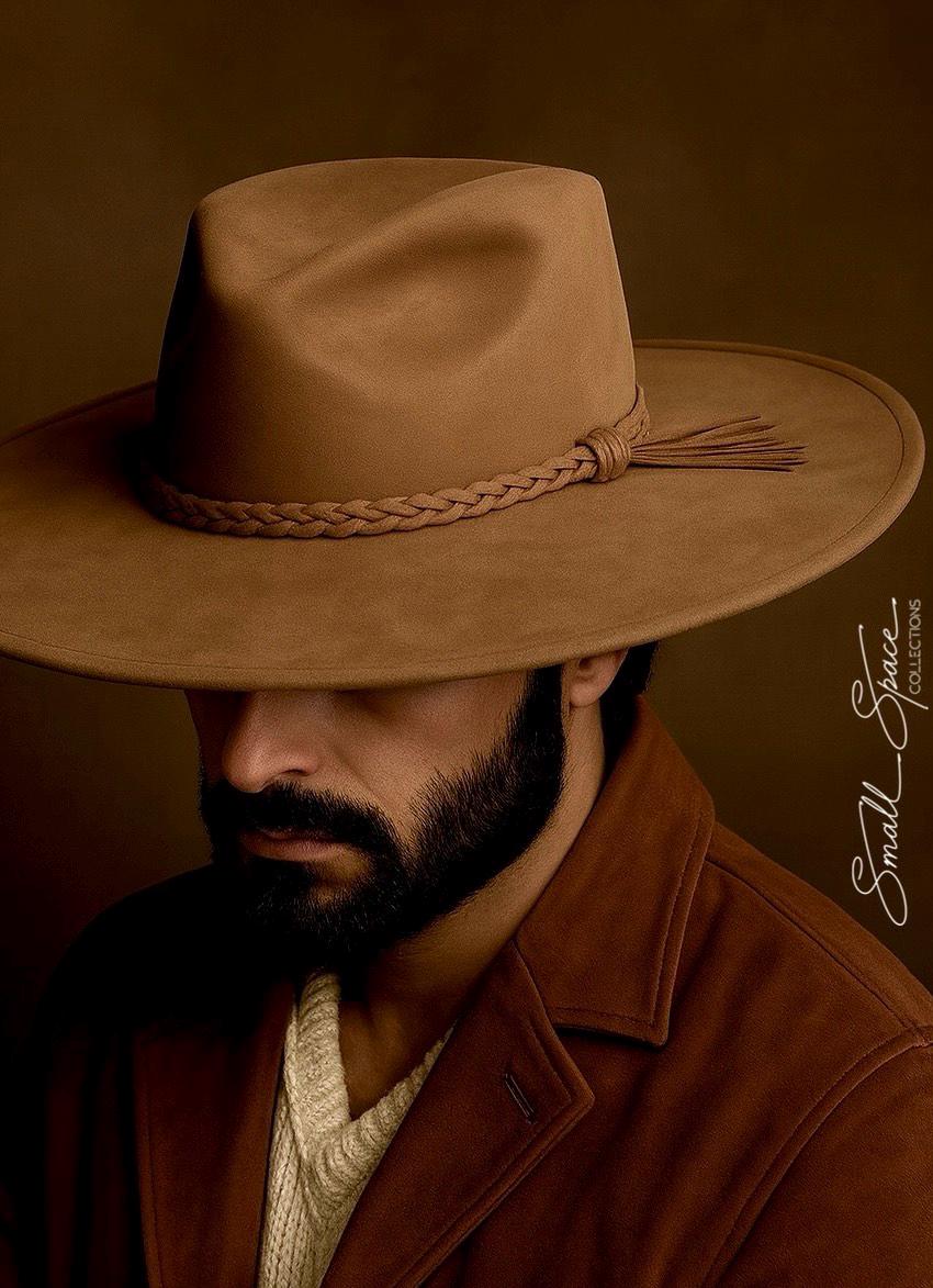 Vegan Suede Wide Brim Fedora Hat With Braided Rope Band in  display picture 1