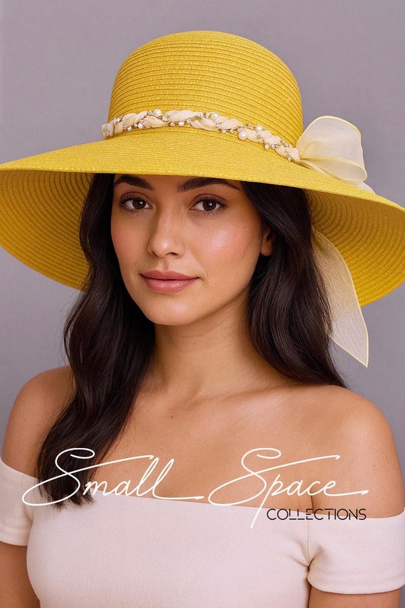 Luxury Wide Brim Straw Hat in Yellow W/ Ribbon | Twisted 