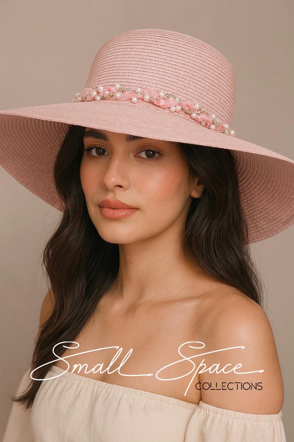 Luxury Wide Brim Straw Hat in Blush Pink W/ Ribbon | Twisted 