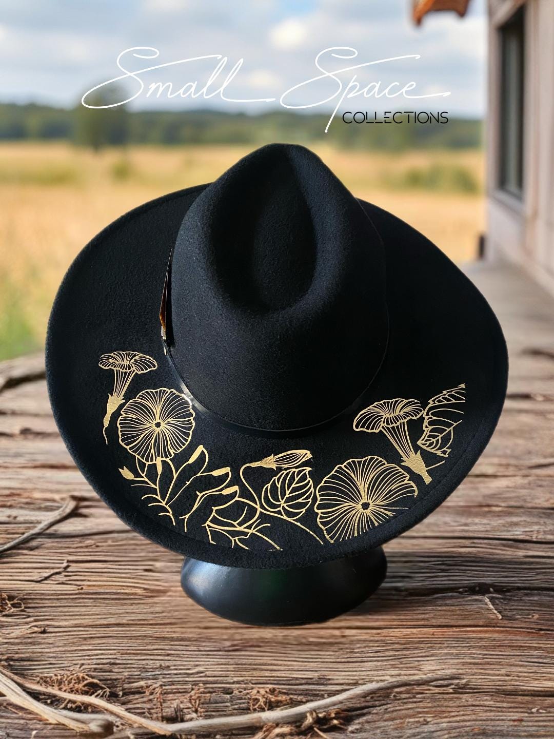 Black Wool Cowgirl/cowboy Hat With Gold Foil Flower Design  display picture 1