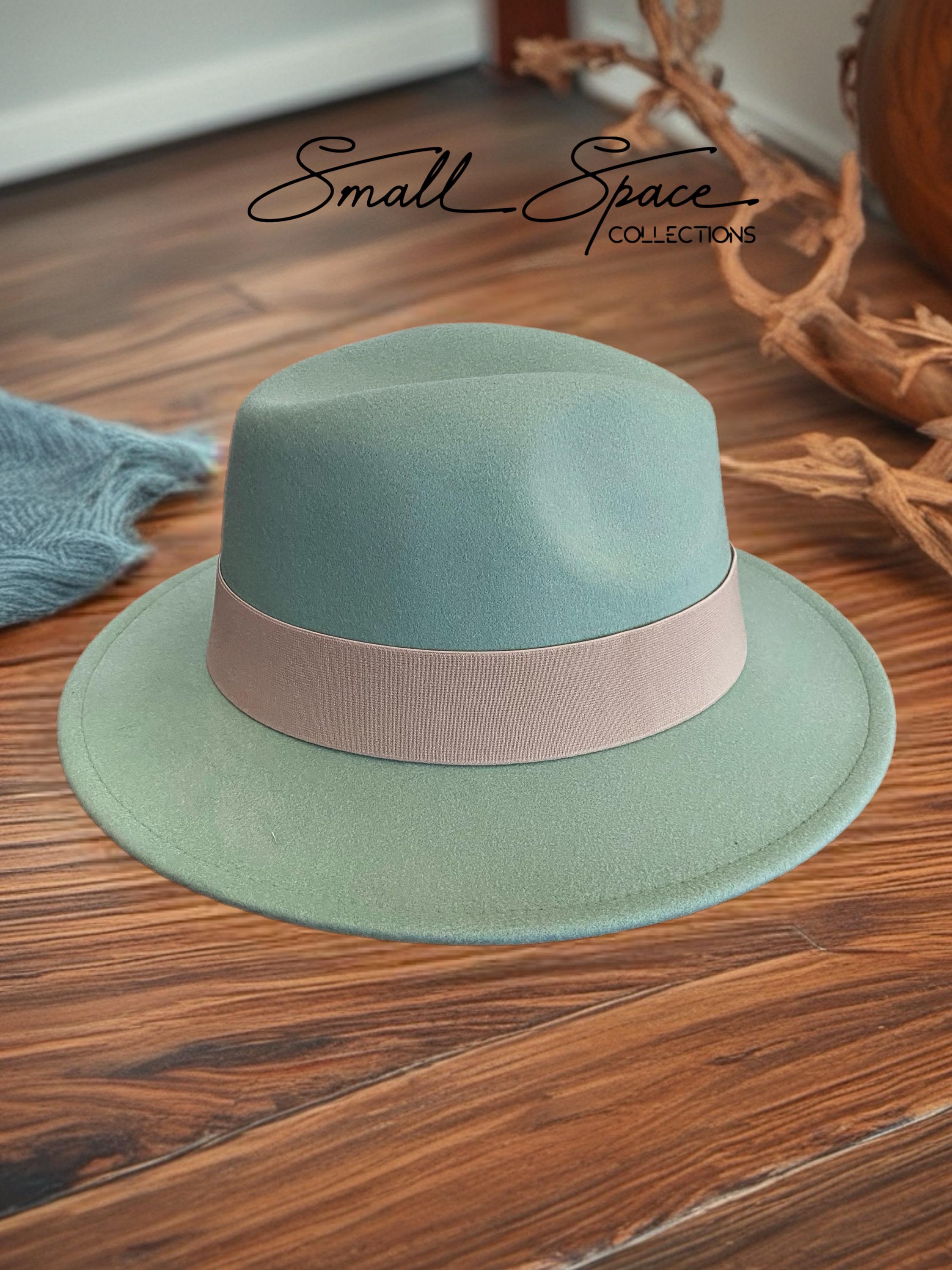 Mint Green Felt Fedora Hat With Feather and Beige or Brown  display picture 2