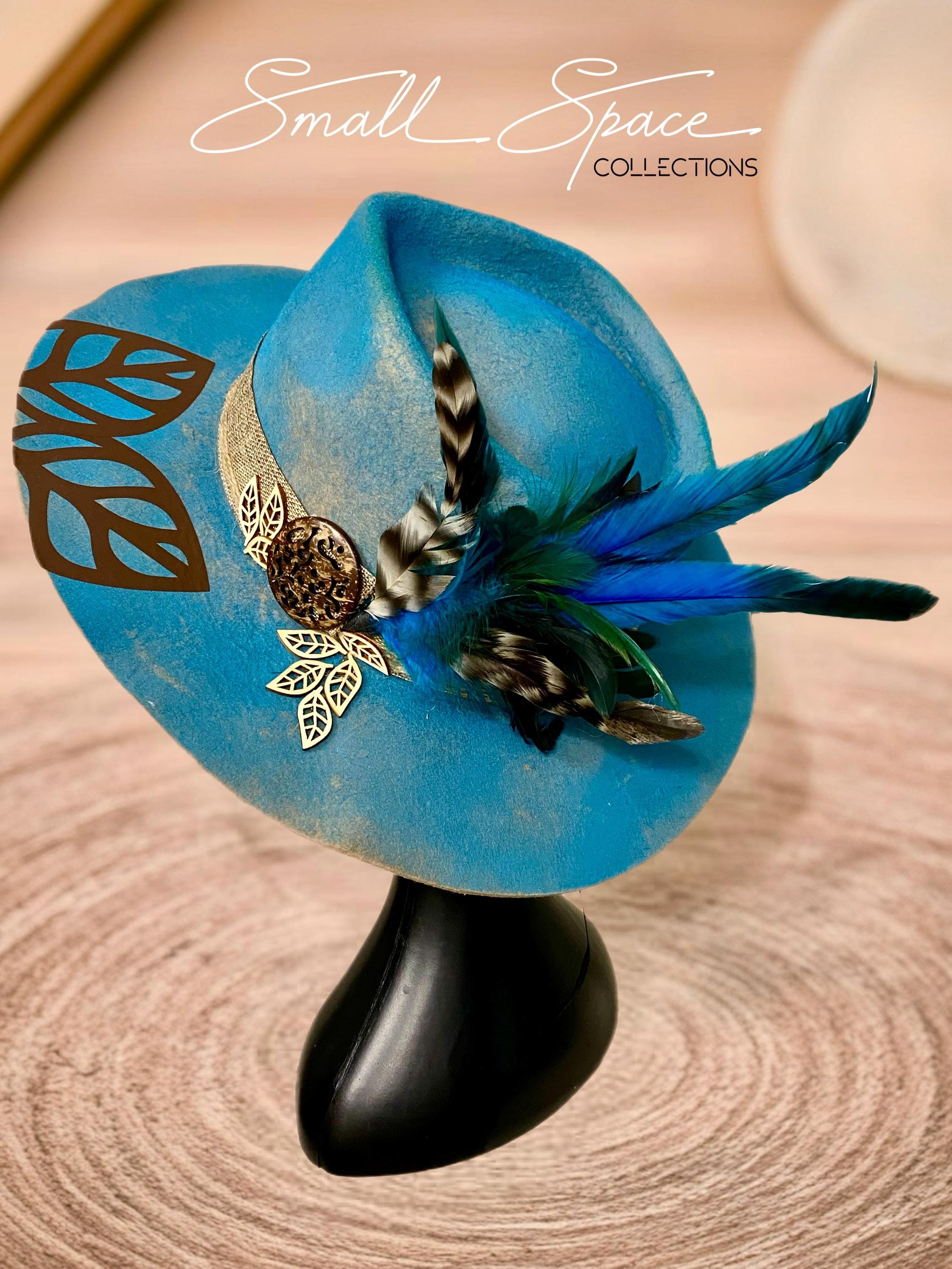 Custom Hand Painted Teal & Blue Felt Fedora Cowboy Hat With  display picture 1