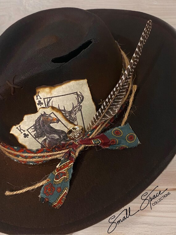 Unisex Hand-Painted Black Fedora Hat with Deer Motif Hand-painted fedora hat and earrings inspired by Deer Woman main image 3