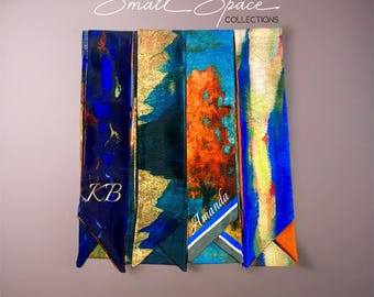 Vintage Style Abstract Silk Skinny Scarf | Hair Bow | Neck Tie | Purse Accessories | Bridesmaids Gift Idea | Christmas Gift Idea For Her