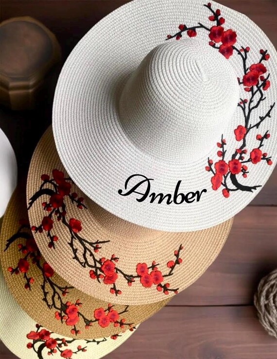 Personalized Embroidered Cherry Blossom Straw Beach Hat  display picture 3