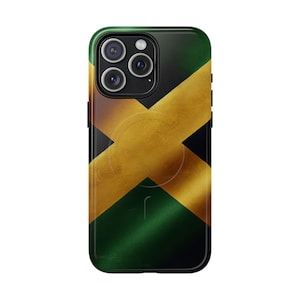 May include: A black phone case with a gold, green, and black Jamaican flag design. The case has a raised camera bump and a cutout for the phone's charging port.