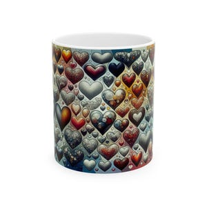 May include: A ceramic coffee mug featuring a vibrant pattern of hearts in various sizes and colors, including red, silver, and blue. The mug has a white interior and a colorful exterior design, perfect for beverages.
