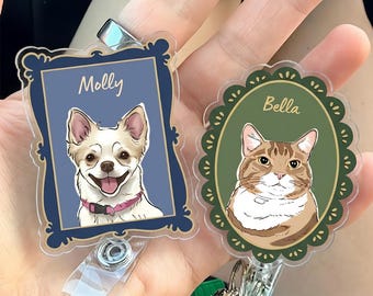 Custom Pet Portrait Badge Reel, Personalized Dog Cat Badge Holder for Teacher, School Staff Gift, Retractable ID Clip, Classroom Badge Buddy