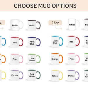 Może przedstawiać: Wykres zatytułowany CHOOSE MUG OPTIONS przedstawia dwie kategorie rozmiar&oacute;w, 11oz i 15oz, z siatką ceramicznych kubk&oacute;w. Kubki są dostępne w kolorze białym lub z kolorowymi wnętrzami i uchwytami, w tym czarnym, jasnoniebieskim, czerwonym, granatowym, pomarańczowym, r&oacute;żowym, limonkowym, ż&oacute;łtym, fioletowym i ciemnozielonym.