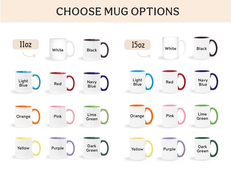 Może przedstawiać: Wykres zatytułowany CHOOSE MUG OPTIONS przedstawia dwie kategorie rozmiar&oacute;w, 11oz i 15oz, z siatką ceramicznych kubk&oacute;w. Kubki są dostępne w kolorze białym lub z kolorowymi wnętrzami i uchwytami, w tym czarnym, jasnoniebieskim, czerwonym, granatowym, pomarańczowym, r&oacute;żowym, limonkowym, ż&oacute;łtym, fioletowym i ciemnozielonym.