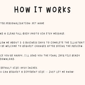 May include: How it works: A text-based guide on how to order a custom pet portrait illustration. The guide includes instructions on providing a pet's name, sending a full-body photo, allowing 2-5 business days for completion, requesting changes after seeing a preview, and receiving a final JPEG file. The default size is 8x10 inches, but you can request a different size.