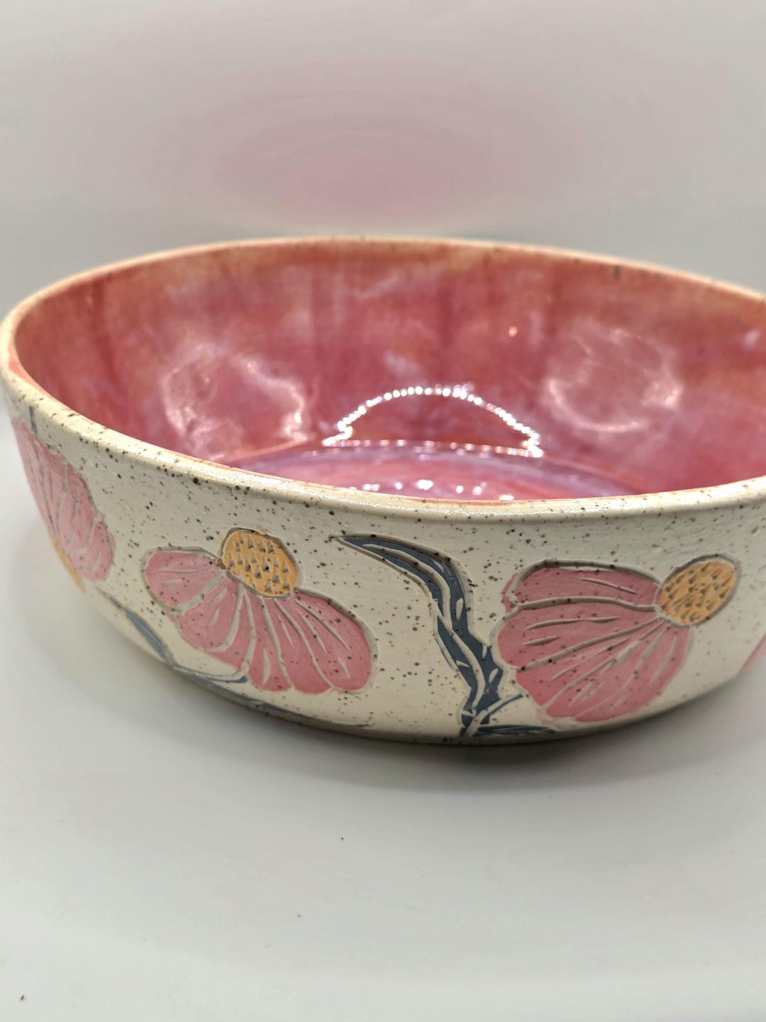 Floral Carved Ceramic Bowl – Pink Handmade Serving Dish, Artisan Pottery