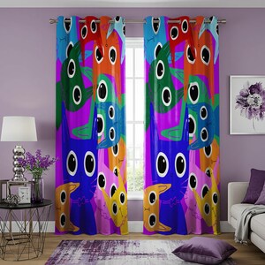 Cortinas de gatos de colores, cortinas de gatitos kawaii extravagantes, tratamiento de ventana con gatos de dibujos animados vibrantes, decoración de animales divertidos, tamaños personalizados disponibles