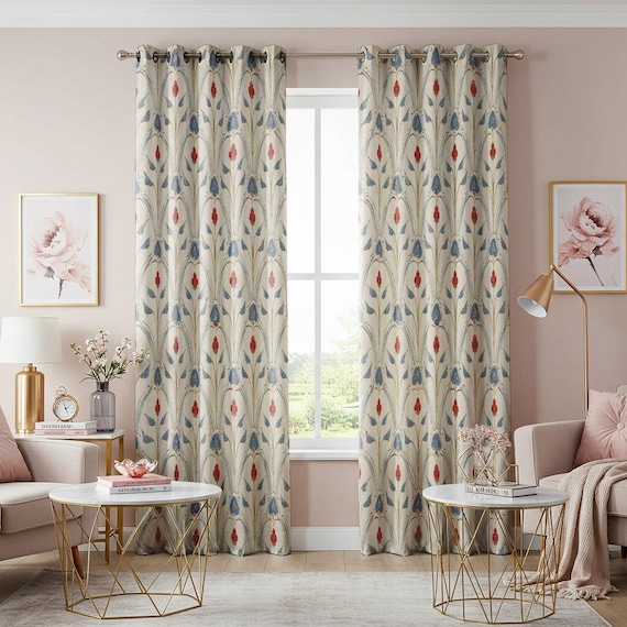 Florale Muster Vorhänge, klassische Rot & Blau Tulip Design Vorhänge, Creme Maßgefertigte Fenstervorhang Panels für Wohnzimmer oder Schlafzimmer