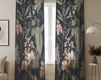 Dark Botanical Floral Cotton Linen Curtains, Classic Flower Print Window Drapes, Nature Pattern Panels, Living Room & Bedroom Decor