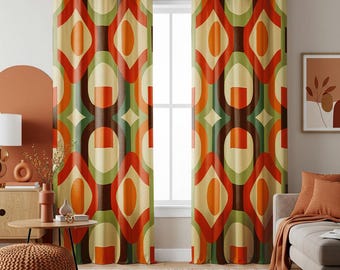 May include: A pair of orange, green, brown and cream patterned curtains with grommet tops. The curtains have a geometric design with circles, squares and diamonds.